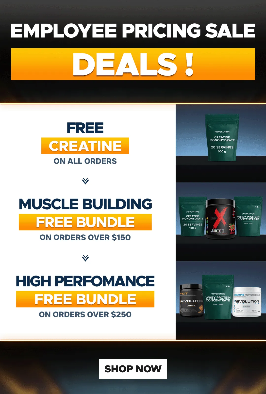 CLEARANCE SALE - Free creatine 20 Servings on all orders, choose between TNT and pure EAA over 99$ and high whey over 150$ and 50$ gift card over 250, you can only choose one gift at any given time