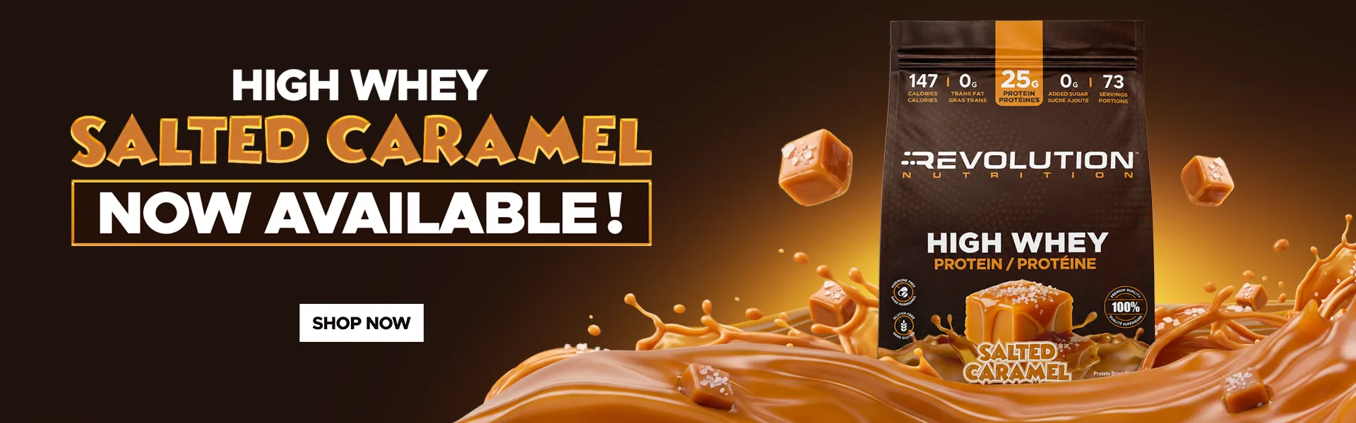 new high whey flavor, salted caramel, shop now