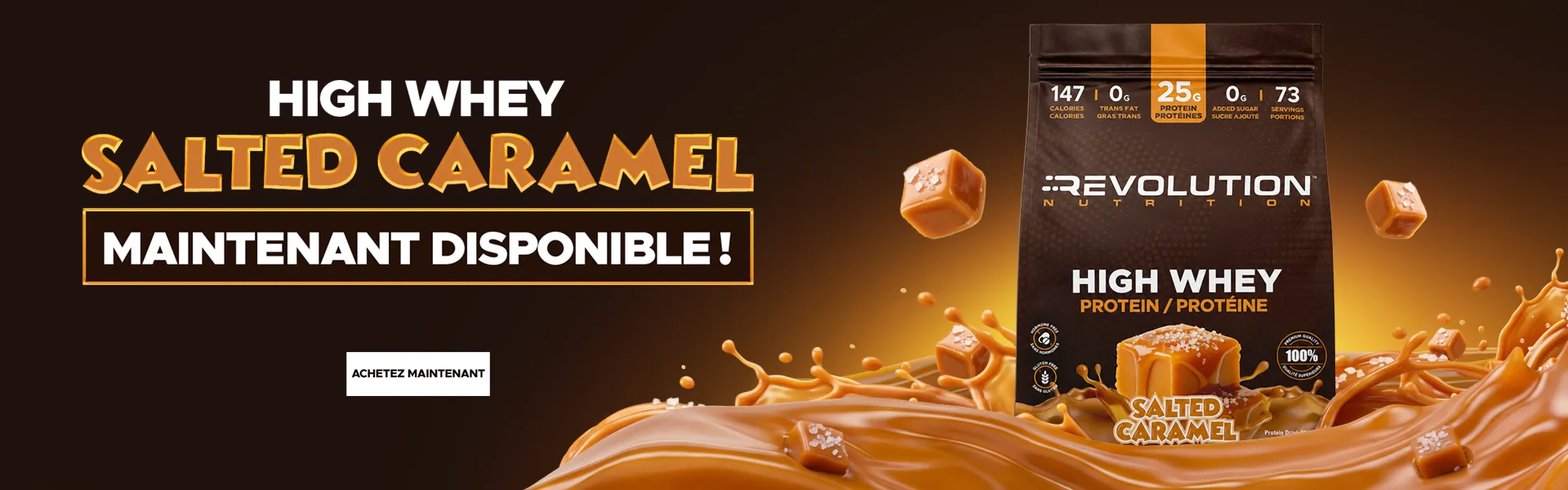 new high whey flavor, salted caramel, shop now