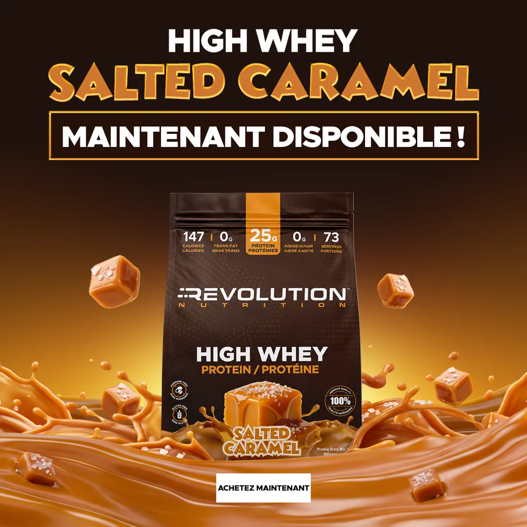 new high whey flavor, salted caramel, shop now